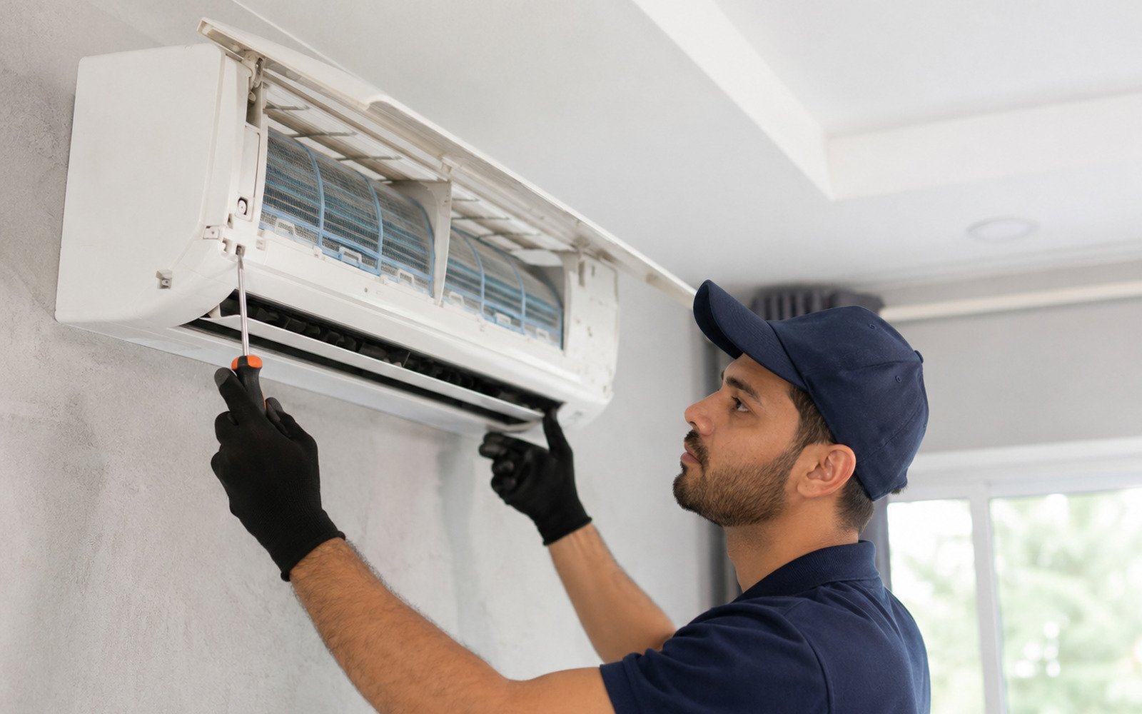 Professional maintenance technician servicing an air-conditioning unit